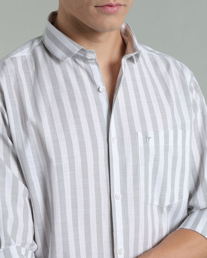 White & Grey Bold Stripes -Full-Cotton Linen Shirt