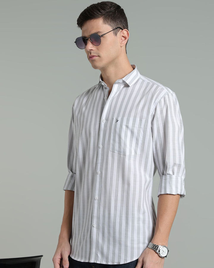 White & Grey Bold Stripes -Full-Cotton Linen Shirt