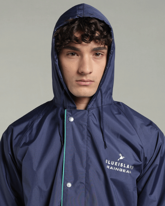 Matte Navy with Teal Border - Rain Jacket with Pant & Mobile Pouch