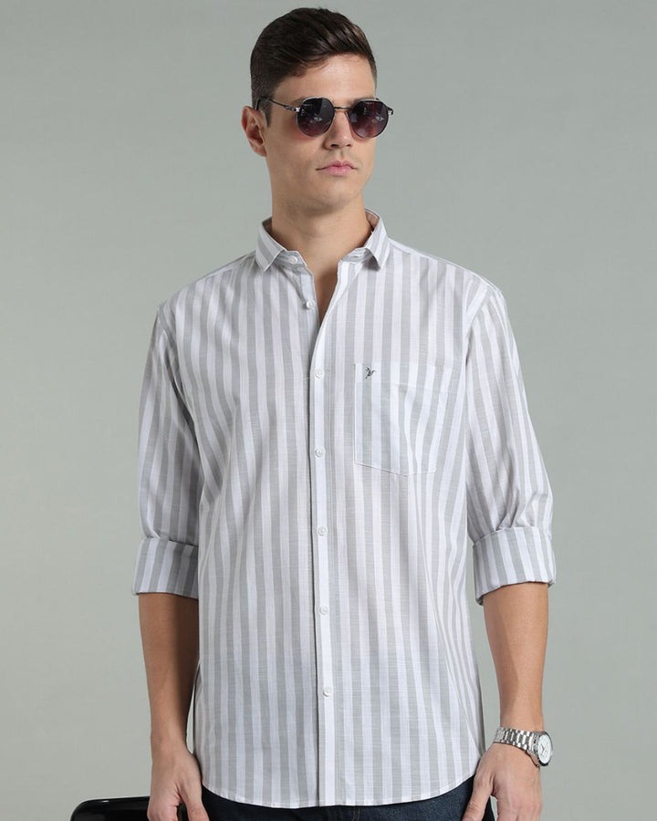 White & Grey Bold Stripes -Full-Cotton Linen Shirt