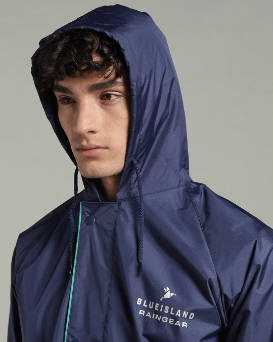 Matte Navy with Teal Border - Rain Jacket with Pant & Mobile Pouch