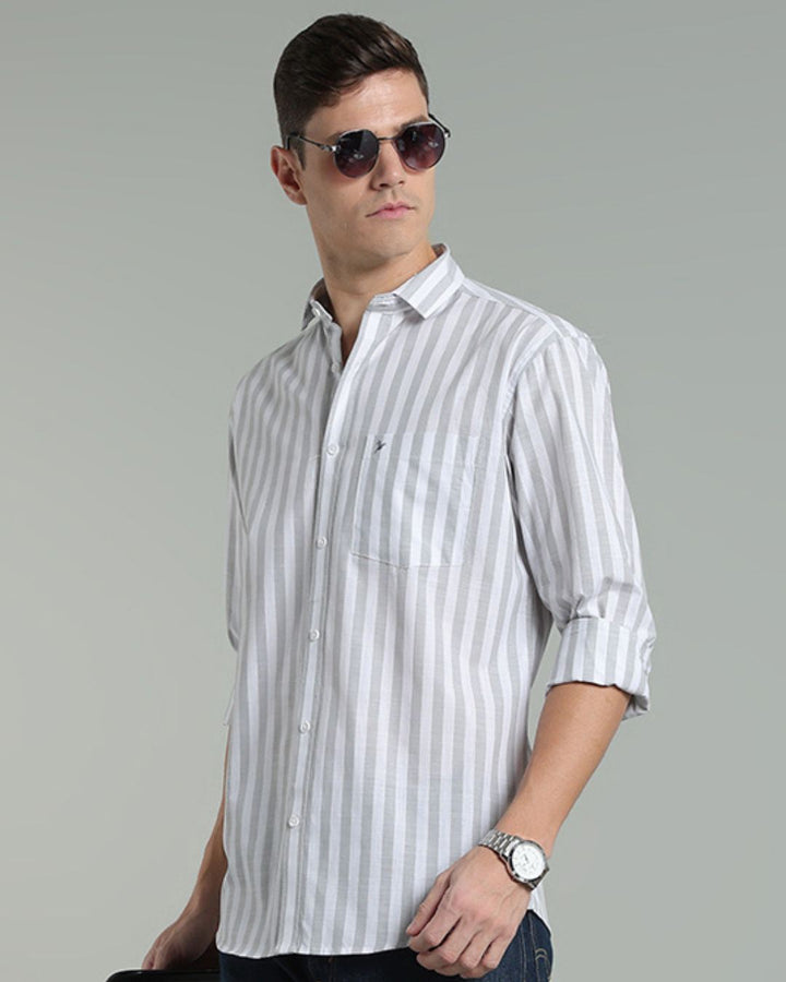 White & Grey Bold Stripes -Full-Cotton Linen Shirt
