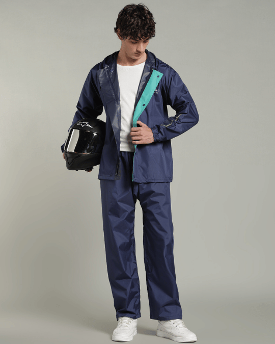 Matte Navy with Teal Border - Rain Jacket with Pant & Mobile Pouch