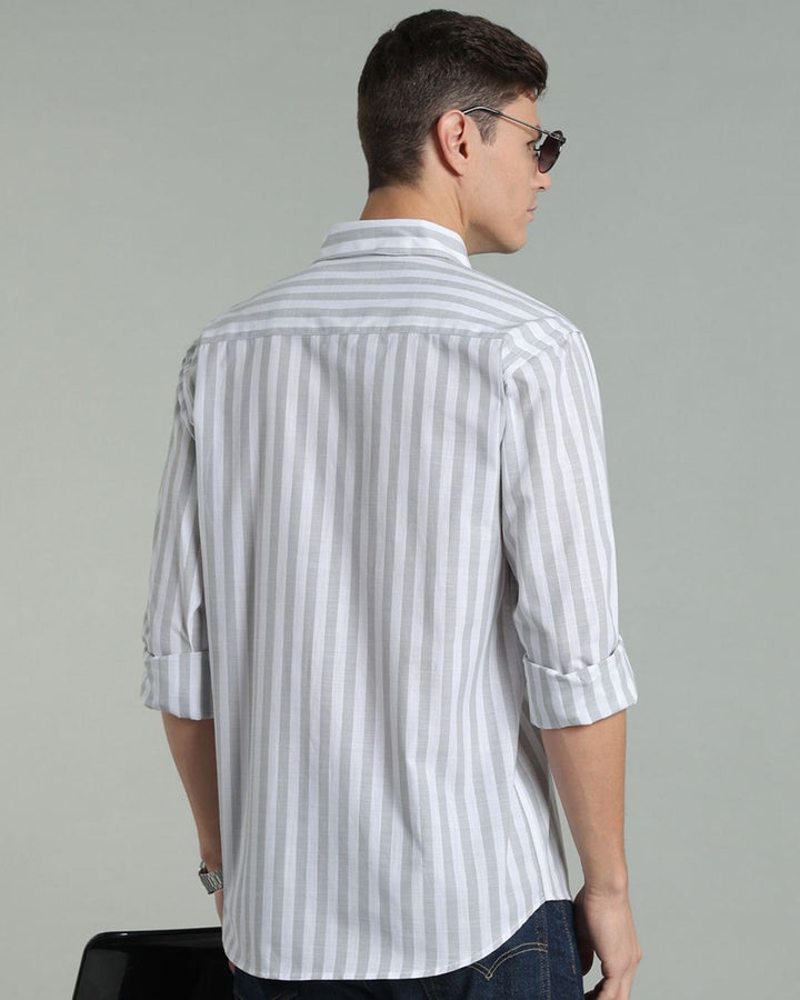 White & Grey Bold Stripes -Full-Cotton Linen Shirt
