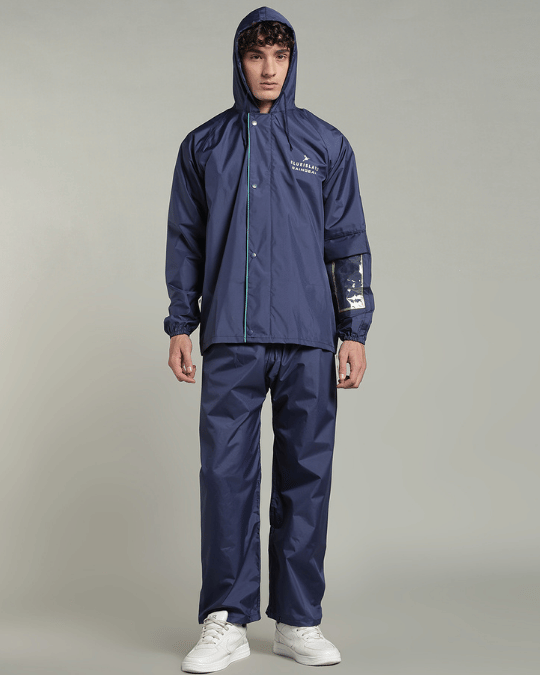 Matte Navy with Teal Border - Rain Jacket with Pant & Mobile Pouch