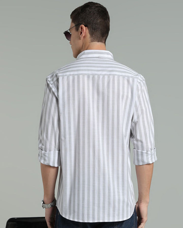 White & Grey Bold Stripes -Full-Cotton Linen Shirt