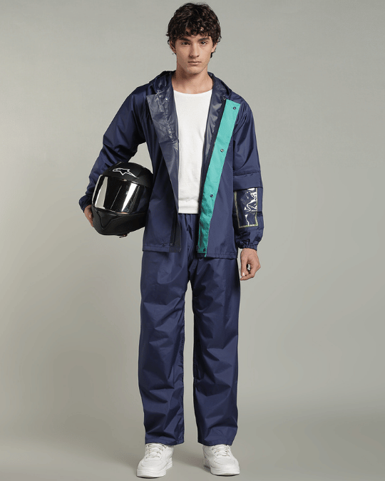 Matte Navy with Teal Border - Rain Jacket with Pant & Mobile Pouch