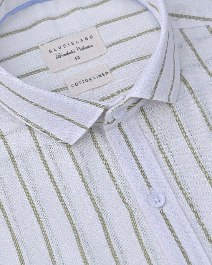 White & Olive Line Stripes-Full-Cotton Linen Shirt