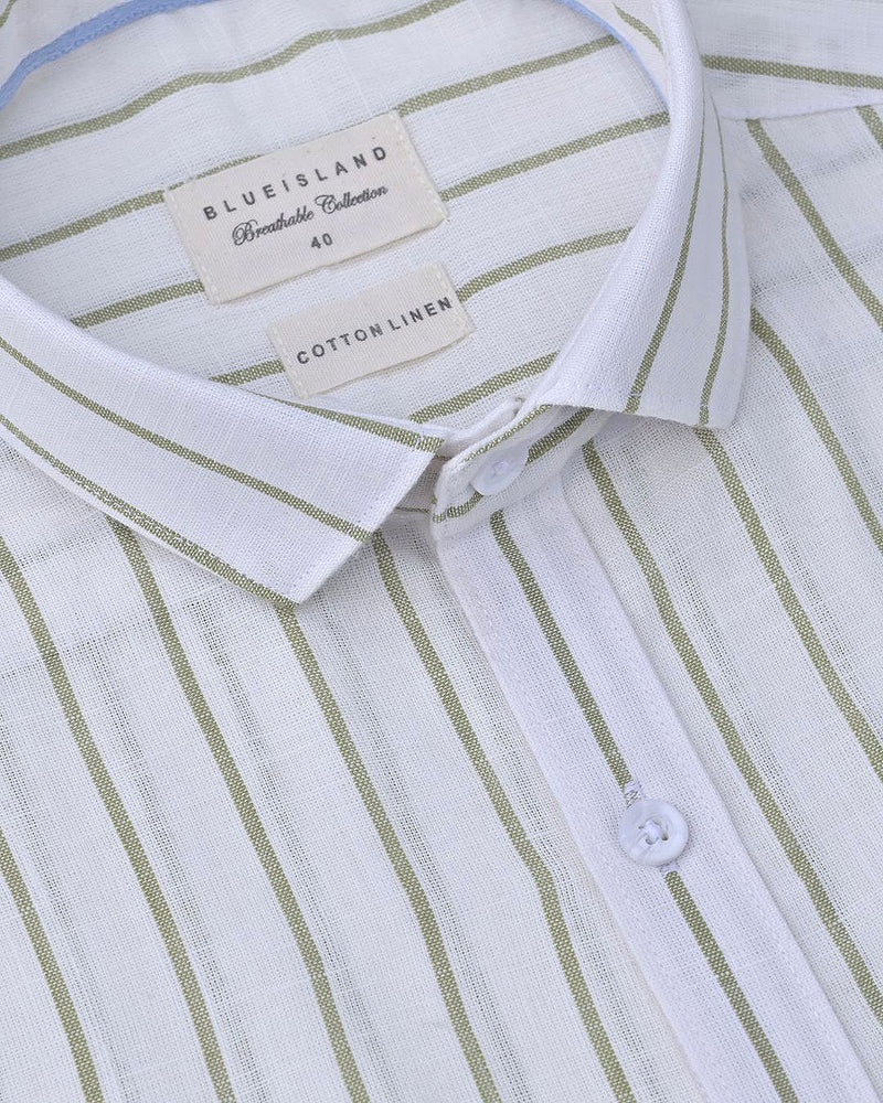 White & Olive Line Stripes-Full-Cotton Linen Shirt