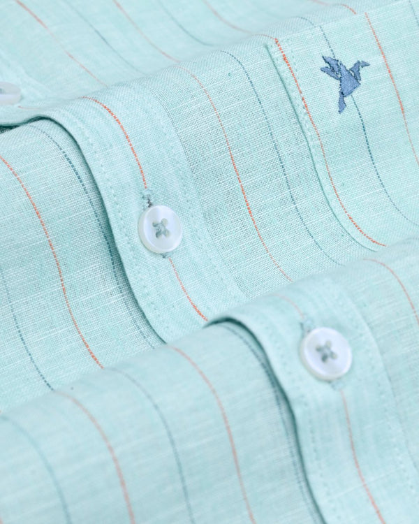 Turquoise Blue & Orange Stripes -Full-Bamboo Linen