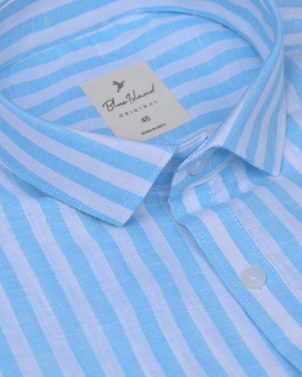Bright Blue & White Stripes -Full-Bamboo Linen