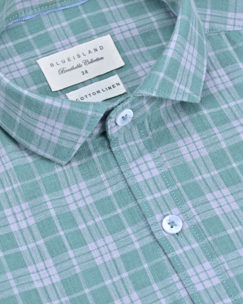 Lite Green Multi Line Checks -Full-Cotton Linen Shirt