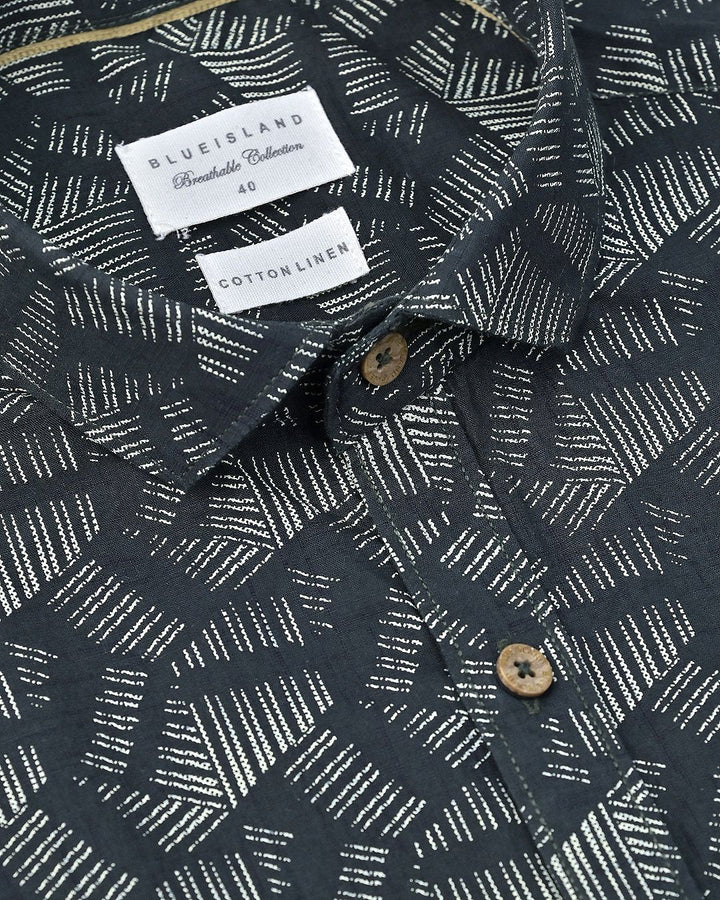 Dark Green Geometric Print-Full-Cotton Linen Shirt