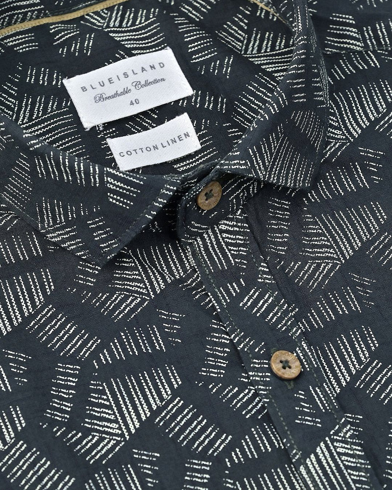 Dark Green Geometric Print-Full-Cotton Linen Shirt