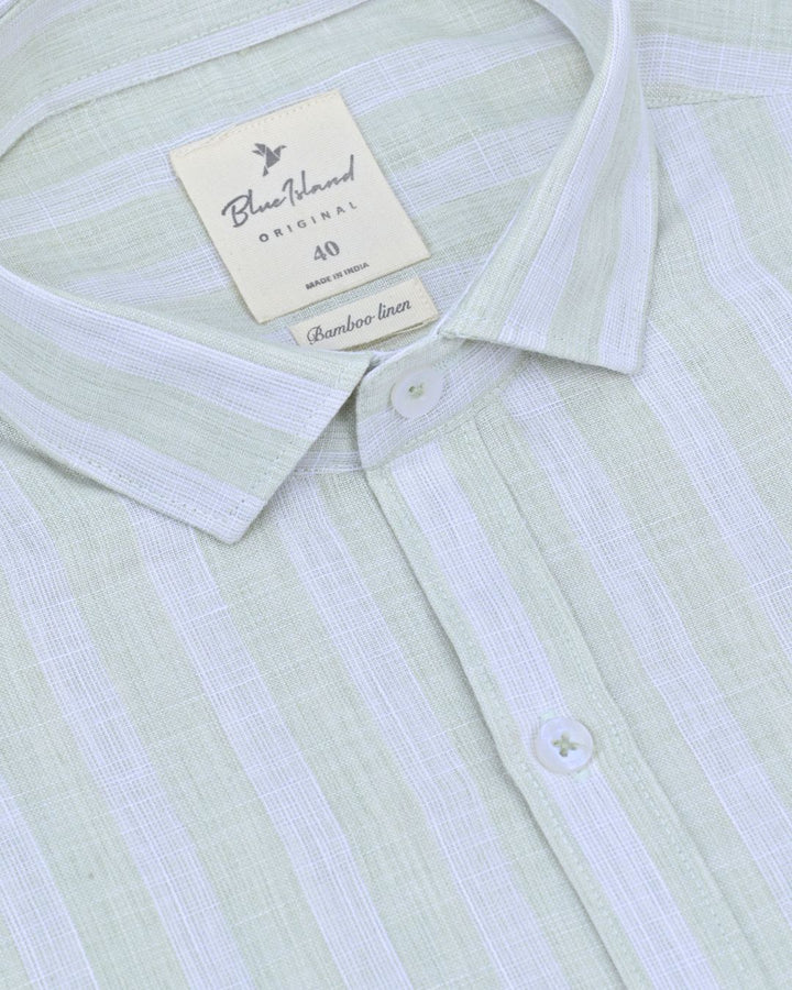 Green & White Textured Stripes -Full-Bamboo Linen
