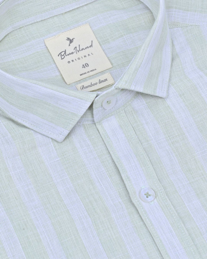 Green & White Textured Stripes -Full-Bamboo Linen