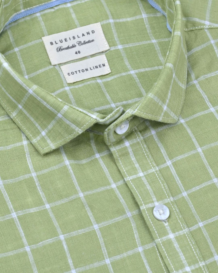 Pistah Green & White Checks - Half Sleeve -Cotton Linen Shirt