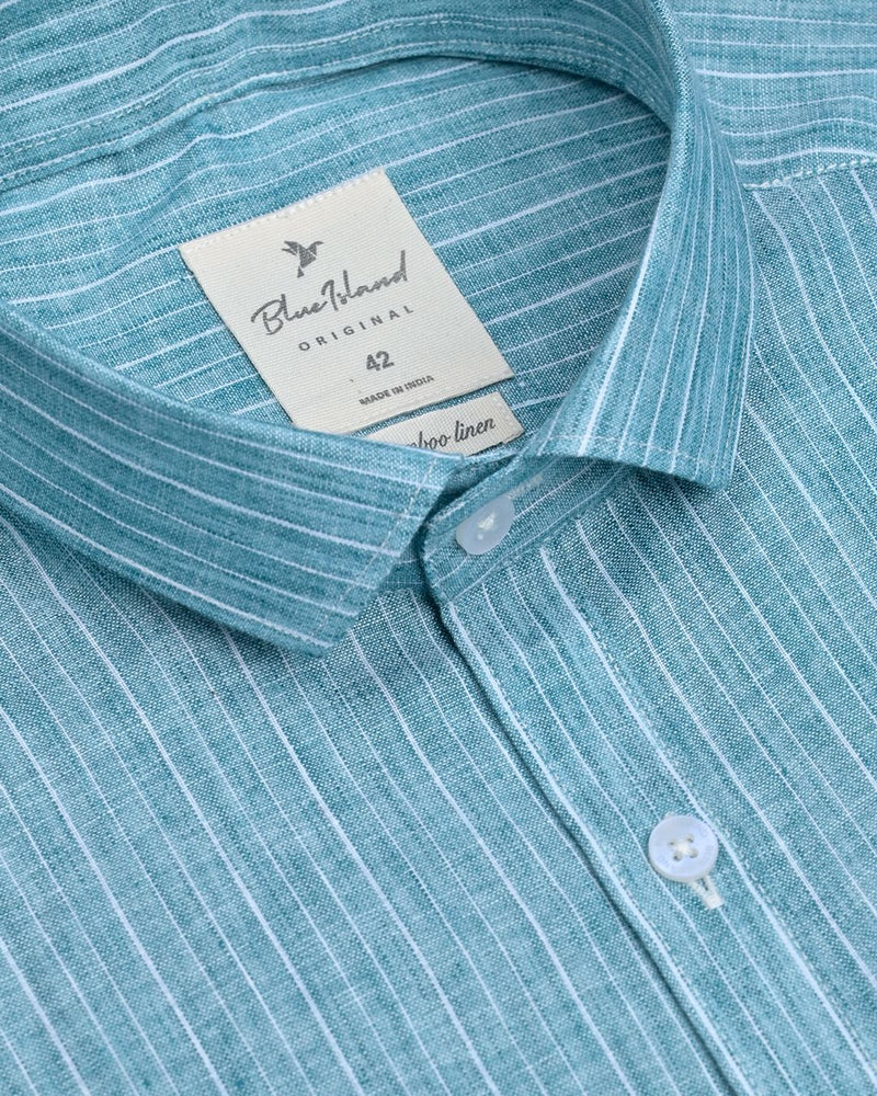 Teal Blue Line Stripes -Full-Bamboo Linen