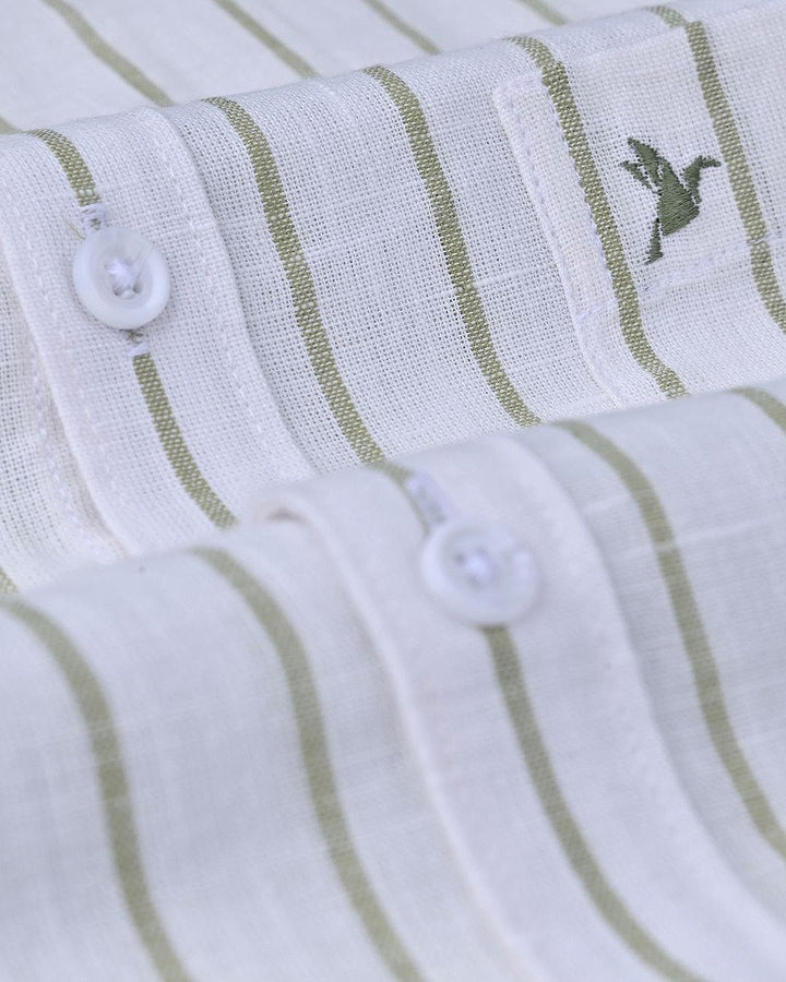 White & Olive Line Stripes-Full-Cotton Linen Shirt