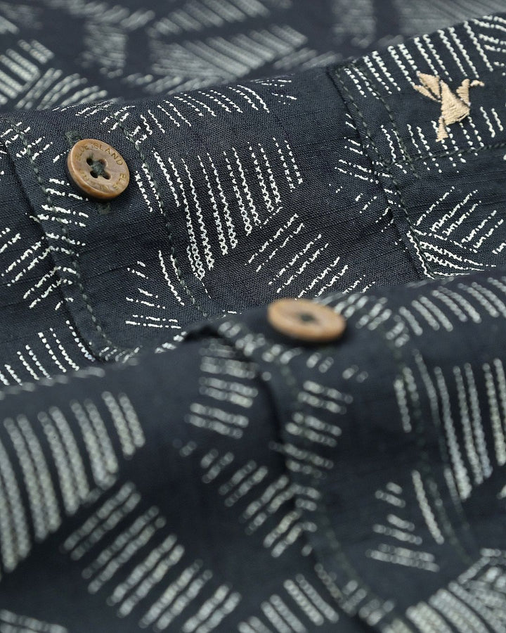 Dark Green Geometric Print-Full-Cotton Linen Shirt