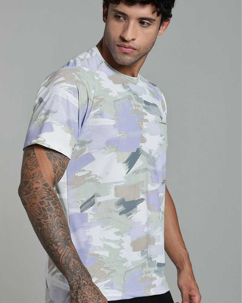 Mild Lavender & Lite Olive Splash - Active wear Round neck Tshirt