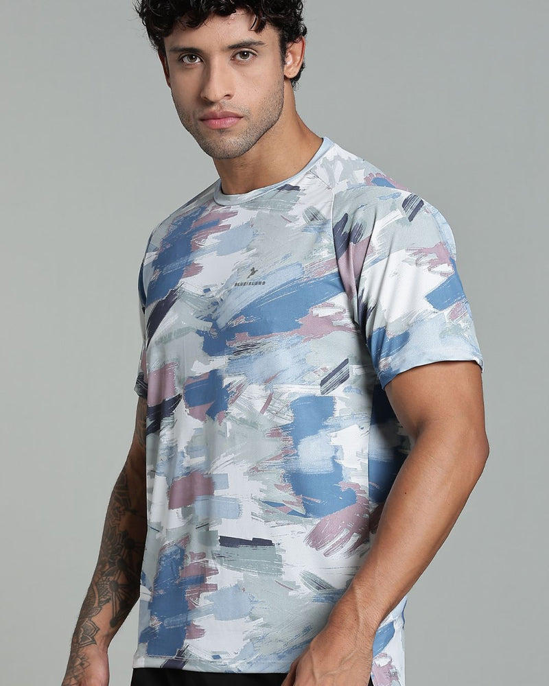 Bluish Grey & Green Splash - Active wear Round neck Tshirt