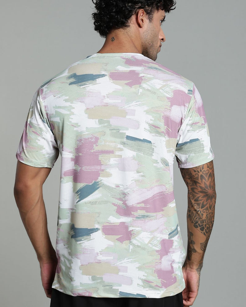 Pistah Green & Pink Splash - Active wear Round neck Tshirt