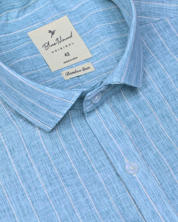 Teal Blue Stripes -Full-Bamboo Linen