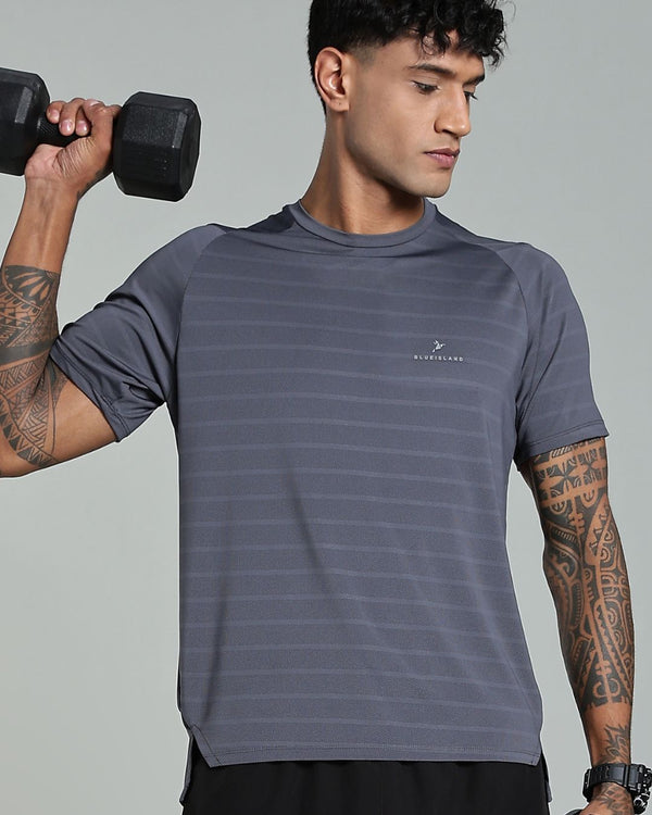 Ash Grey Horizontal Lines - Active wear Round neck Tshirt
