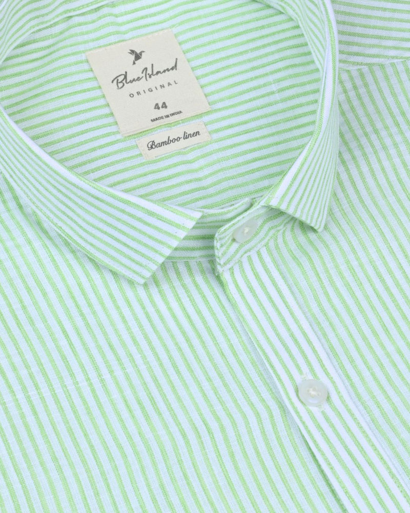 White & Green Mini Stripes -Full-Bamboo Linen