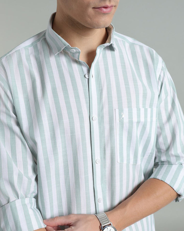 White & Green Bold Stripes -Full-Cotton Linen Shirt
