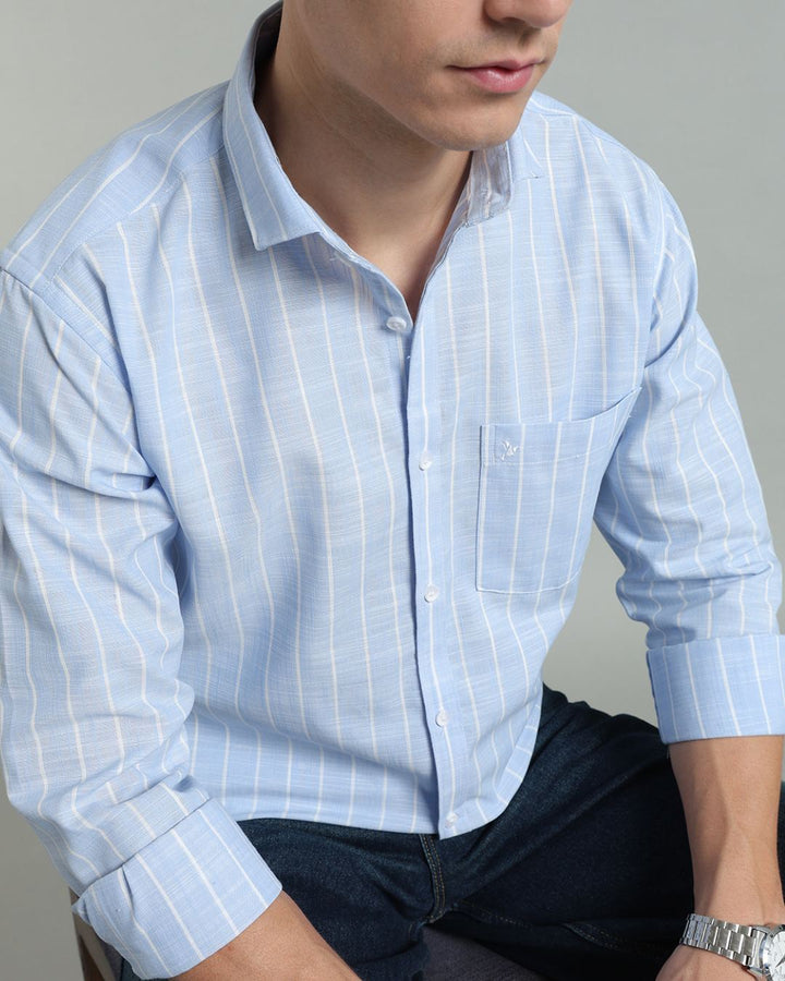 Sky Blue & White Line Stripes -Full-Cotton Linen Shirt