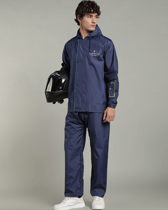 Matte Navy with Teal Border - Rain Jacket with Pant & Mobile Pouch