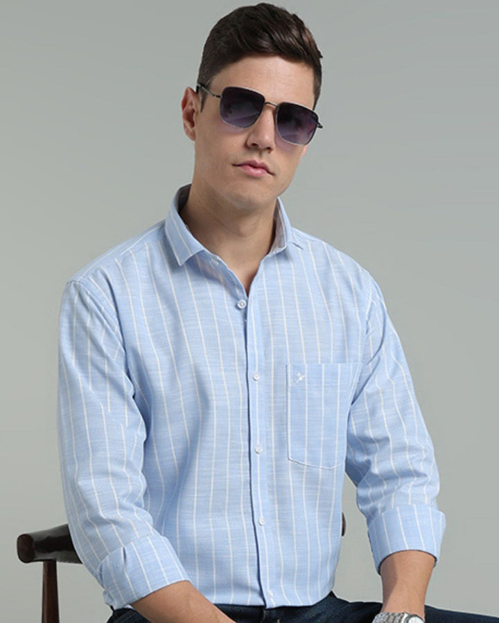 Sky Blue & White Line Stripes -Full-Cotton Linen Shirt