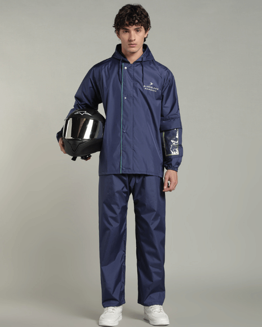 Matte Navy with Teal Border - Rain Jacket with Pant & Mobile Pouch