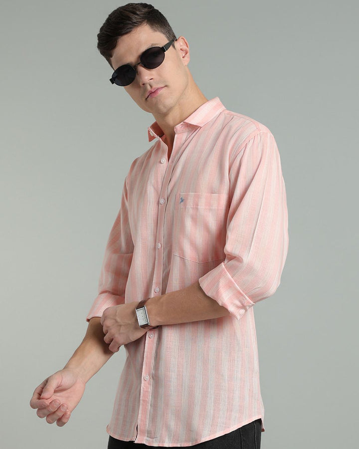 Twin Orange Stripes -Full-Cotton Linen Shirt