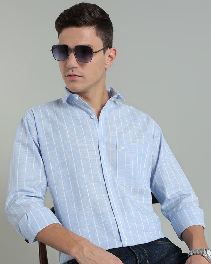 Sky Blue & White Line Stripes -Full-Cotton Linen Shirt