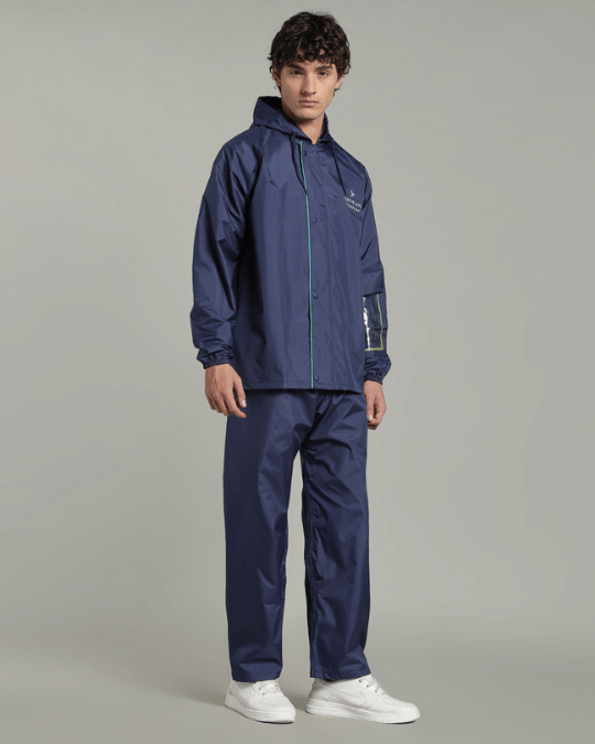 Matte Navy with Teal Border - Rain Jacket with Pant & Mobile Pouch