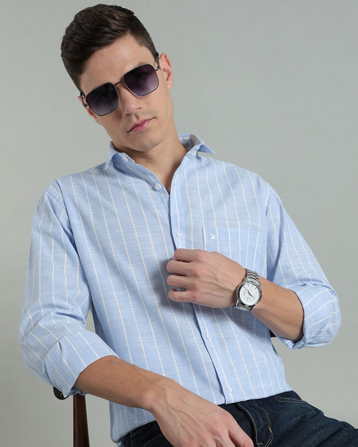 Sky Blue & White Line Stripes -Full-Cotton Linen Shirt