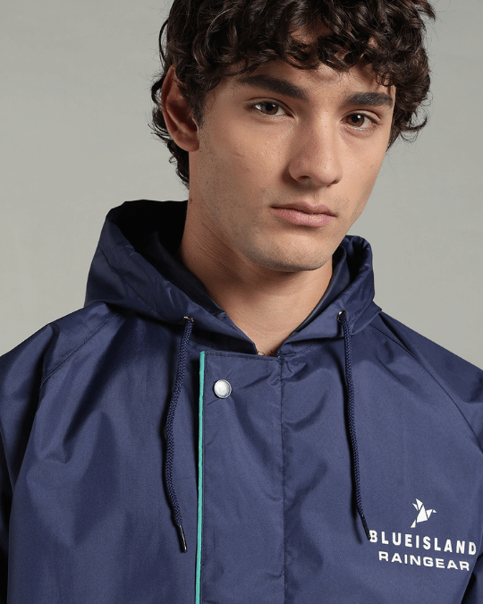 Matte Navy with Teal Border - Rain Jacket with Pant & Mobile Pouch