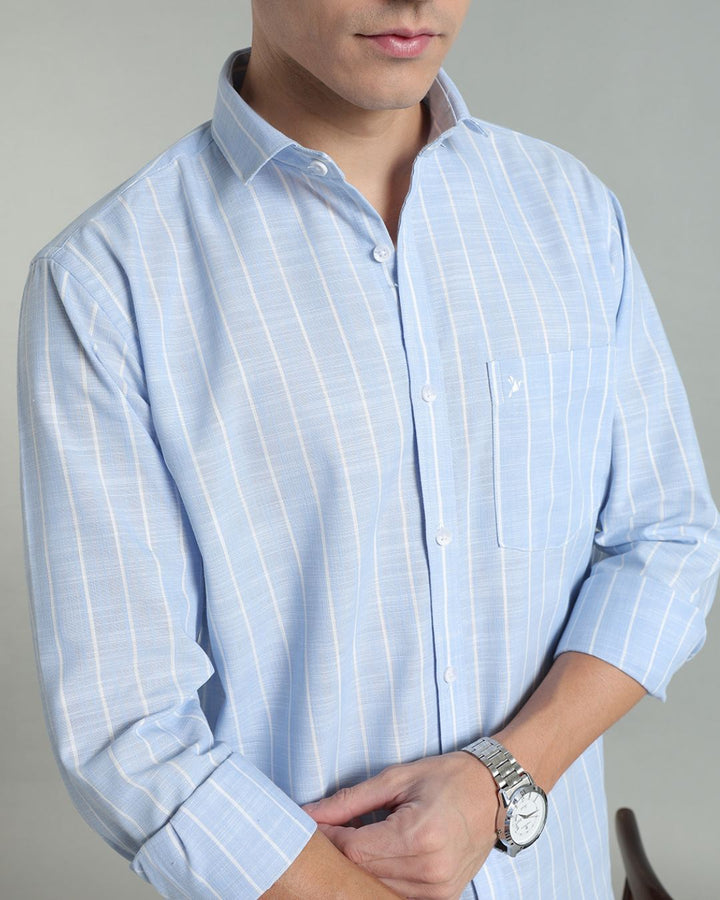 Sky Blue & White Line Stripes -Full-Cotton Linen Shirt