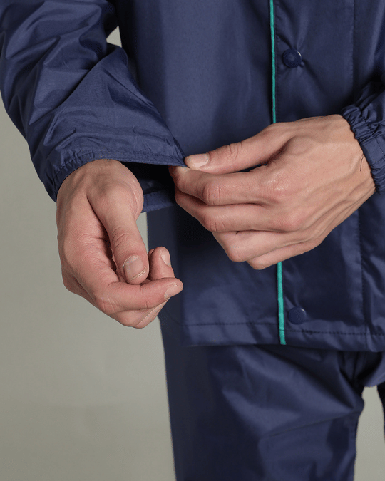 Matte Navy with Teal Border - Rain Jacket with Pant & Mobile Pouch