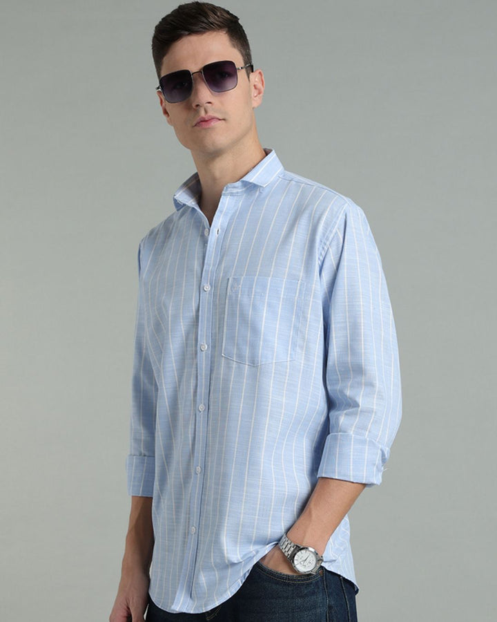 Sky Blue & White Line Stripes -Full-Cotton Linen Shirt