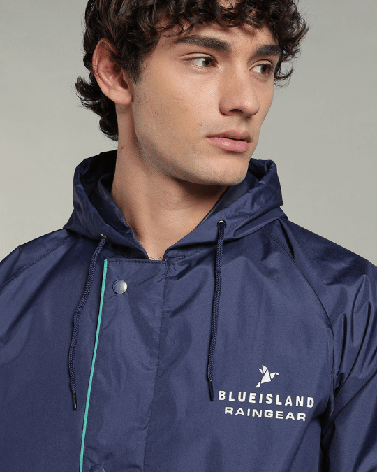 Matte Navy with Teal Border - Rain Jacket with Pant & Mobile Pouch