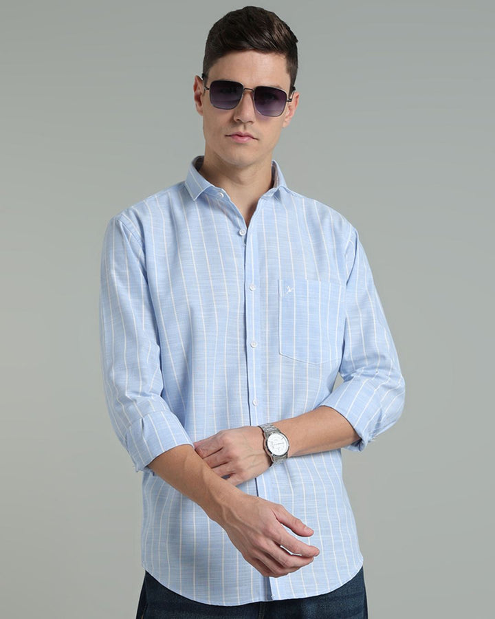 Sky Blue & White Line Stripes -Full-Cotton Linen Shirt