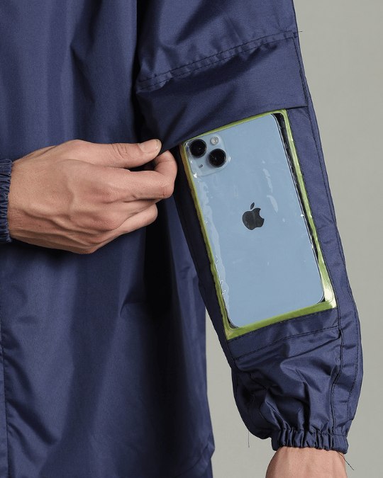 Matte Navy with Teal Border - Rain Jacket with Pant & Mobile Pouch