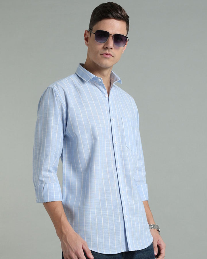 Sky Blue & White Line Stripes -Full-Cotton Linen Shirt