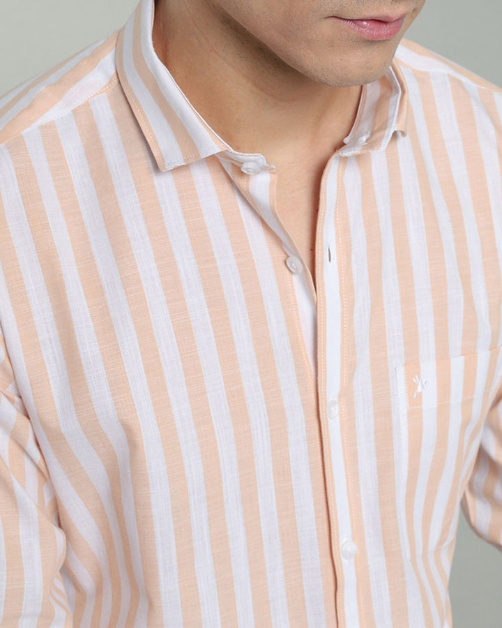 White & Orange Bold Stripes -Full-Cotton Linen Shirt