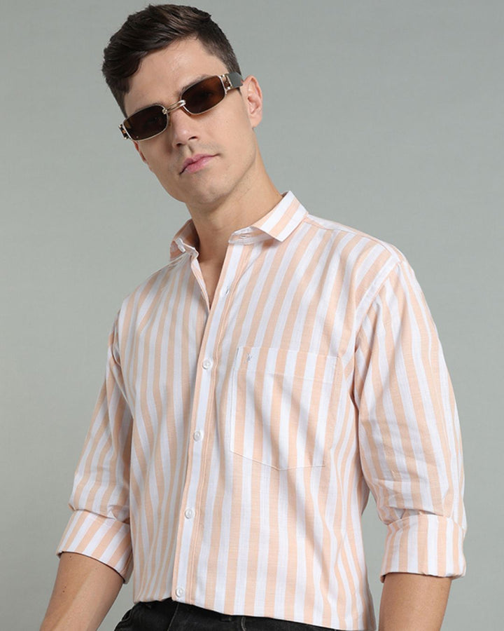 White & Orange Bold Stripes -Full-Cotton Linen Shirt