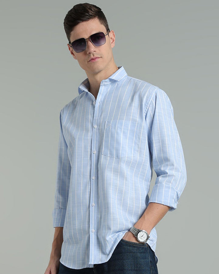 Sky Blue & White Line Stripes -Full-Cotton Linen Shirt